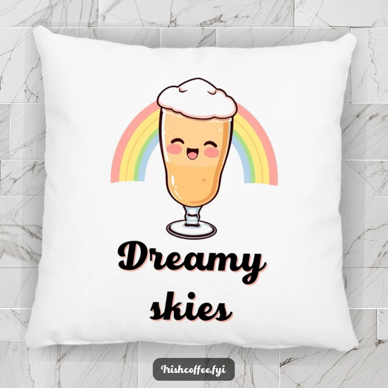 Funny Pillow with a soft texture and a giggling Irish coffee glass sliding down a rainbow, perfect for adding magical comfort.