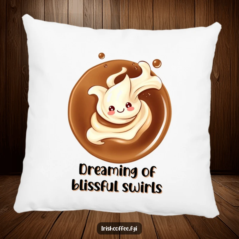 Funny pillow featuring a smiling splash of cream elegantly twirling in coffee, offering comfort with a stylish artistic touch.