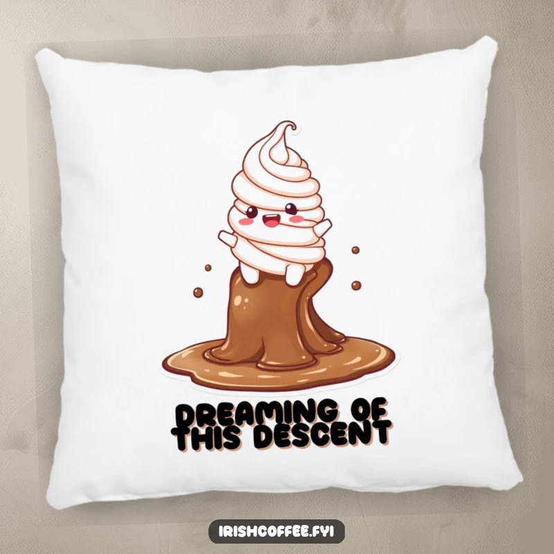 Funny pillow featuring a delighted whipped cream character sliding down a coffee stream, providing soft comfort and a humorous visual.