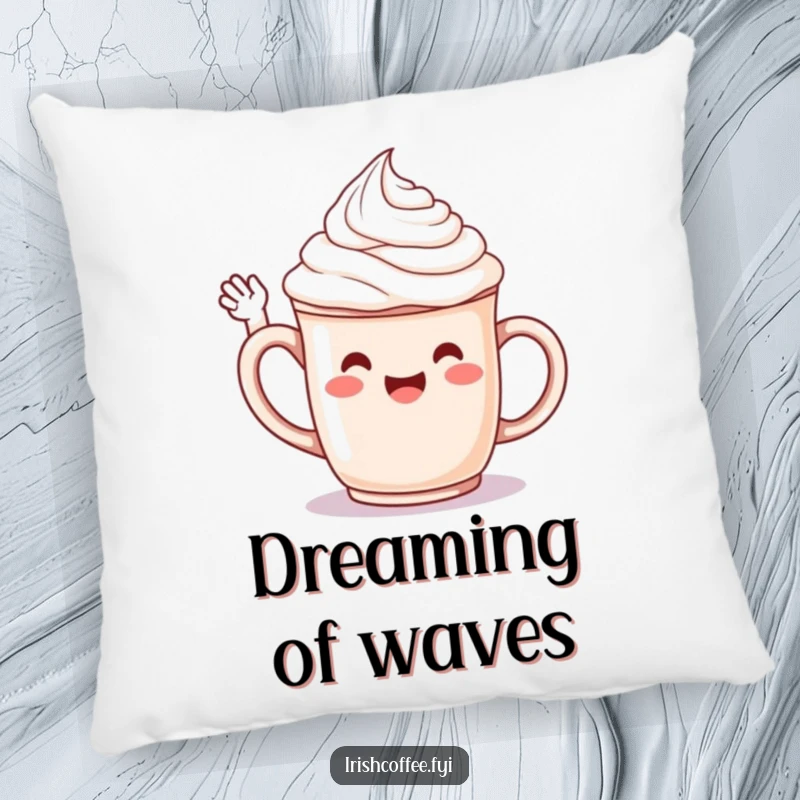 Funny pillow with a jubilant whipped cream character on a mug, cheerfully waving hello, offering comfort and humor.