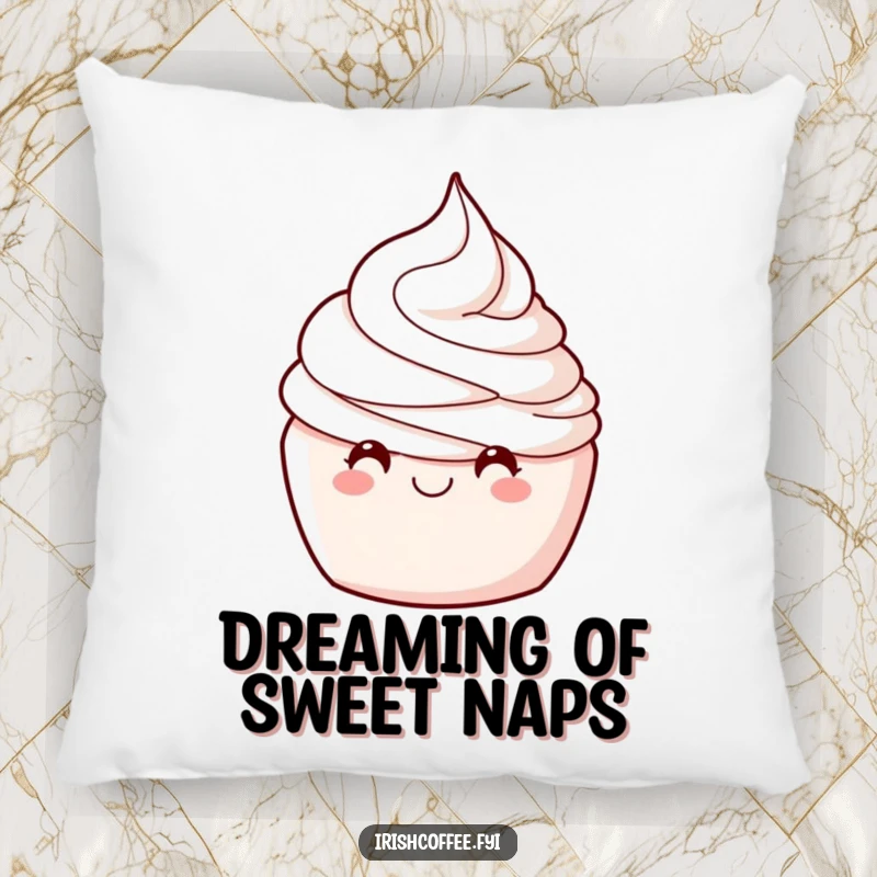 Funny decorative pillow featuring a delighted whipped cream swirl winking, perfect for adding comfort and humor to furniture.