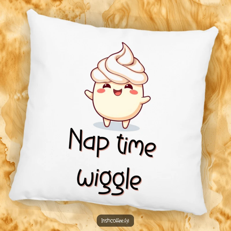Funny pillow showcasing a cute frothy topping performing a joyful wiggle, soft and full of cheer.