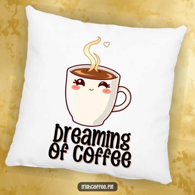 Funny pillow with a steaming coffee mug winking, offering comfort and caffeine-themed humor.