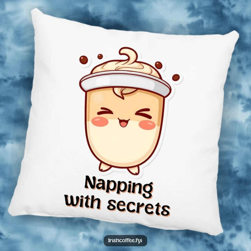 Funny coffee character pillow winking mischievously, offering soft comfort and a humorous decorative accent.