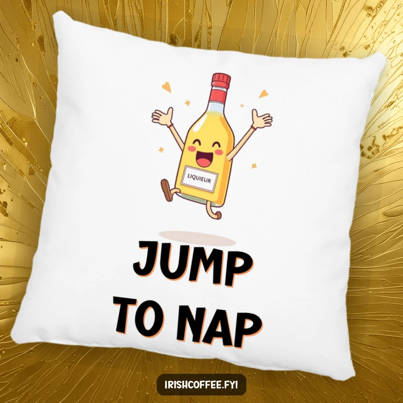 Funny pillow featuring a delighted liqueur bottle doing a celebratory jump, perfect for comfort and humor.