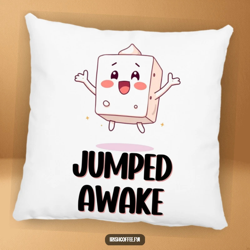 Funny pillow with a surprised sugar cube character jumping, offering cozy comfort and a jolt of playful surprise.