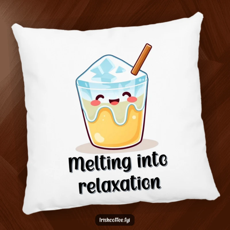 Funny pillow featuring a content melting ice cube finding peace in a warm drink, perfect for adding comfort and calm.
