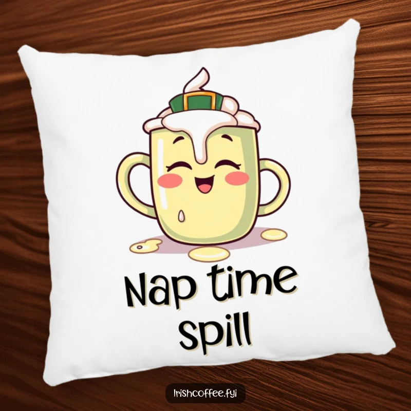 Funny pillow featuring a giggling Irish coffee mug character spilling a little cream, offering soft comfort and a humorous visual.