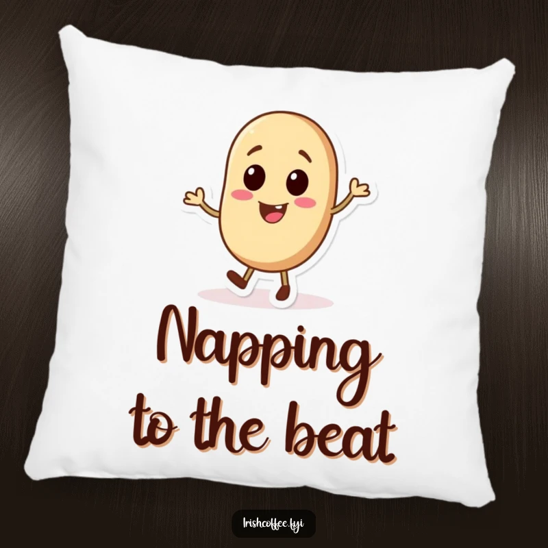 Funny plush pillow with a cheerful coffee bean character in a tap dancing pose, perfect for adding humor and comfort.