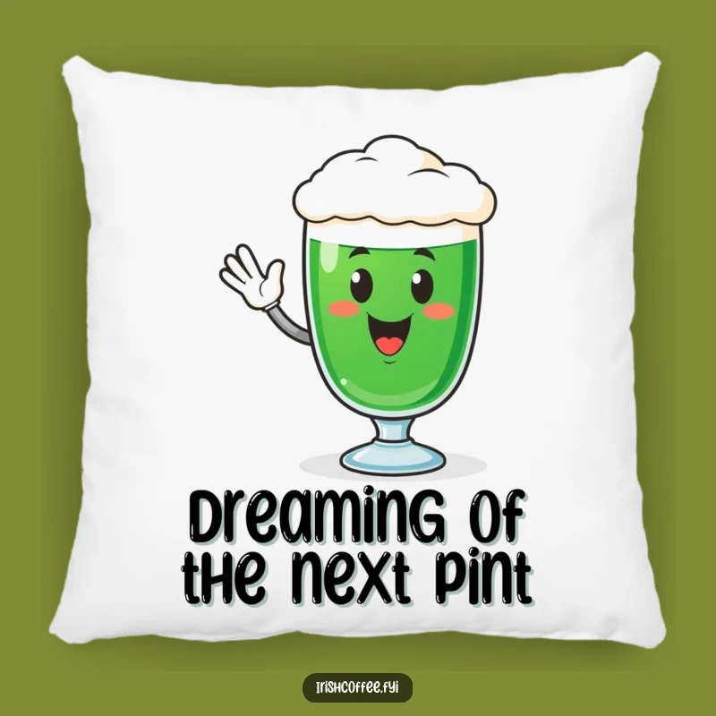 Soft Funny Irish Coffee Glass Pillow - Cheerful Waving Character, Cozy Gift