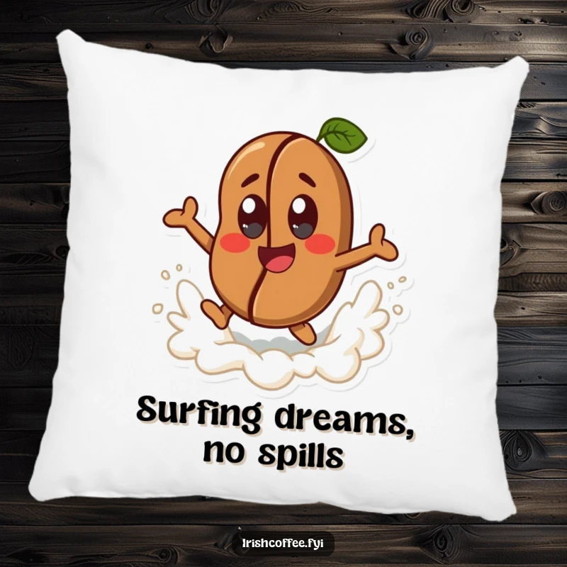Funny happy coffee bean character with cheerful eyes, joyfully leaping from a frothy wave, featured on a soft and joyful pillow.