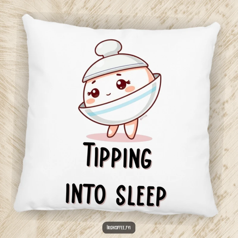 Funny saucer pillow featuring a cute tableware character playfully tipping, offering soft comfort and a charmingly off-kilter design.