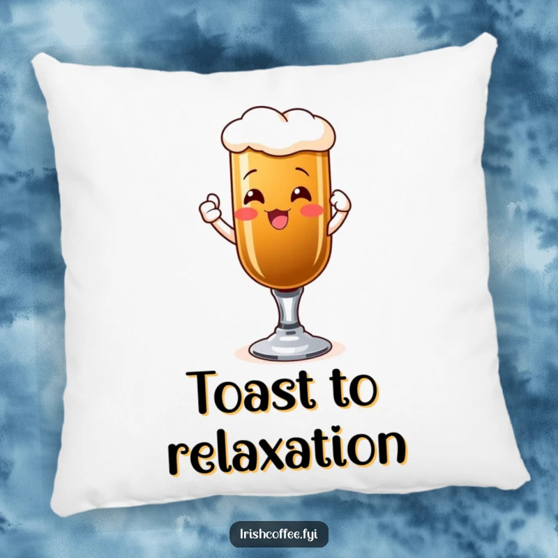 Funny pillow with a happy Irish coffee glass gleefully raising a toast, adding cheer and comfort.