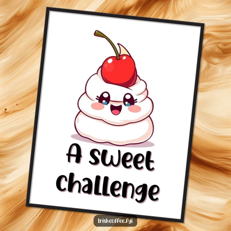 Funny digital art print of a happy whipped cream dollop with wide eyes, humorously attempting to balance a cherry, ready to adorn walls.