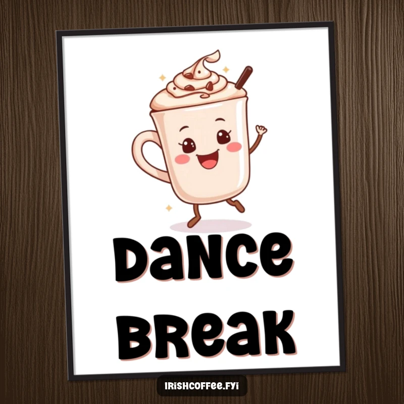 Funny digital art print of a smiling hot chocolate mug happily dancing, radiating cozy cheer.