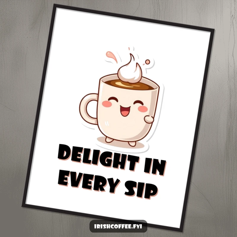 Funny cheerful coffee mug character delightedly sipping coffee, high-resolution digital art print.