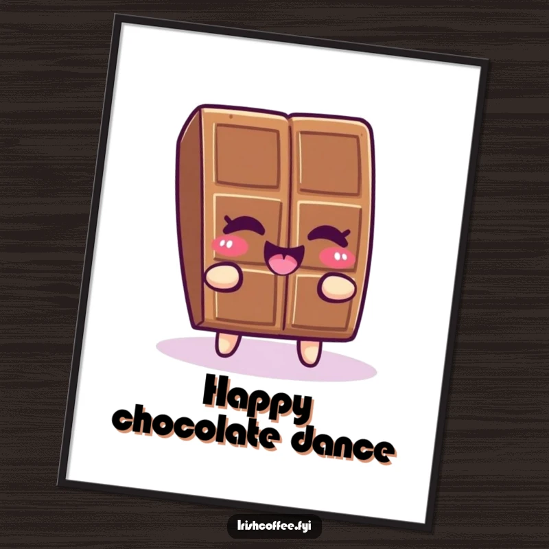 Funny piece of chocolate winking and wiggling with joy, presented as a humorous digital art print.