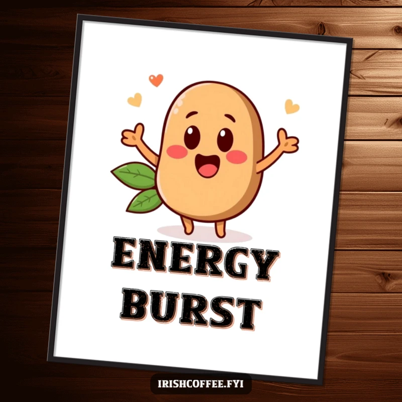 Funny digital art print of a cheerful coffee bean character popping up energetically, perfect for instant wall decor and humor.