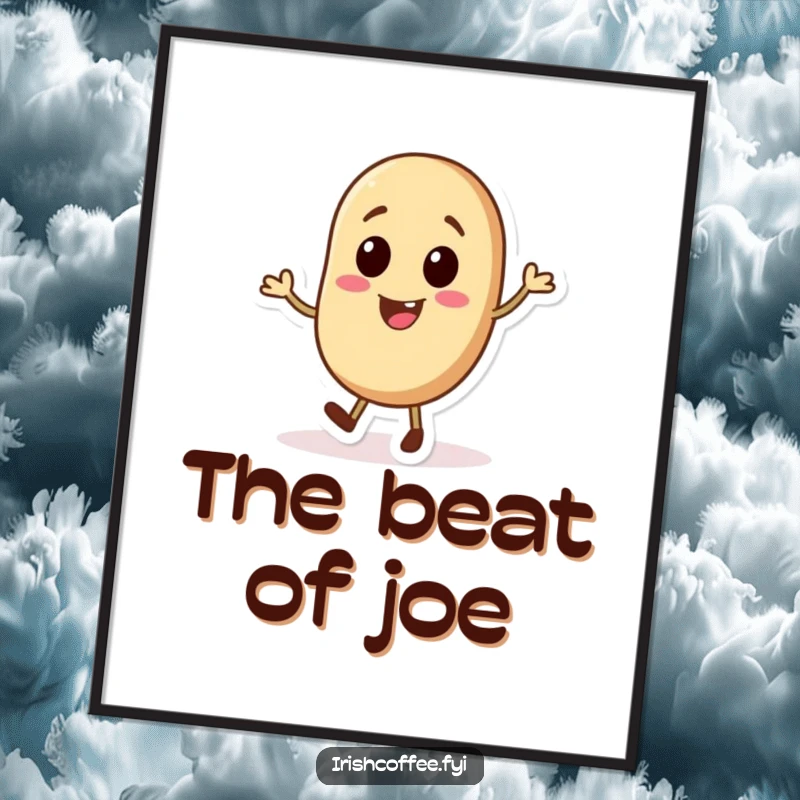 Funny digital artwork of a cheerful coffee bean character in a tap dancing motion, perfect for adding vibrant energy.