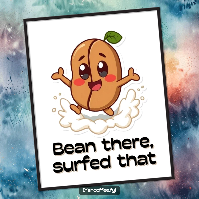 Funny happy coffee bean character with cheerful eyes, joyfully leaping from a frothy wave, available as a high-resolution digital art print.