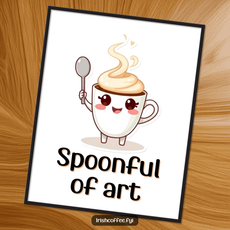Funny digital art print of a coffee cup character cheerfully waving a spoon with a steaming swirl, printable art.