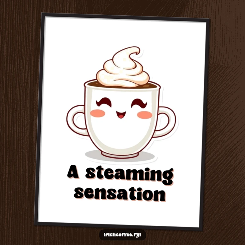 Funny digital art print of a steaming coffee cup character winking with cream, perfect for vibrant and humorous wall decor.
