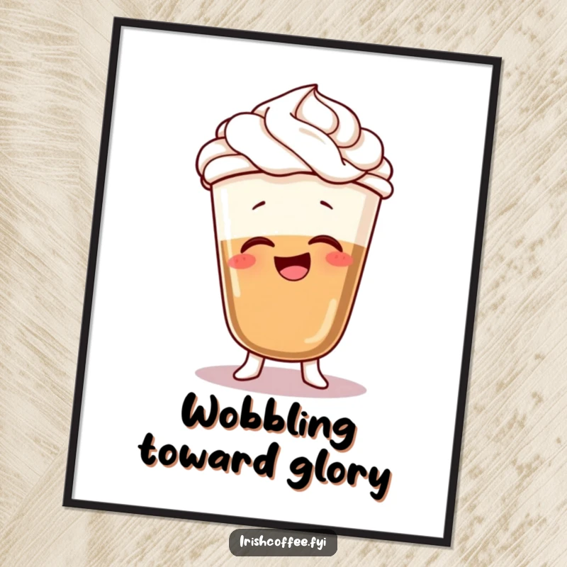 Funny digital art print of a giggling coffee character with whipped cream hair, in a silly wobble, for instant humorous decor.