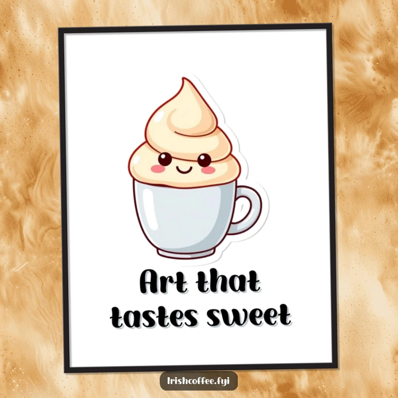 Funny digital art print of a smiling cream dollop character with a playful swirl, radiating cheerful and comical vibes.