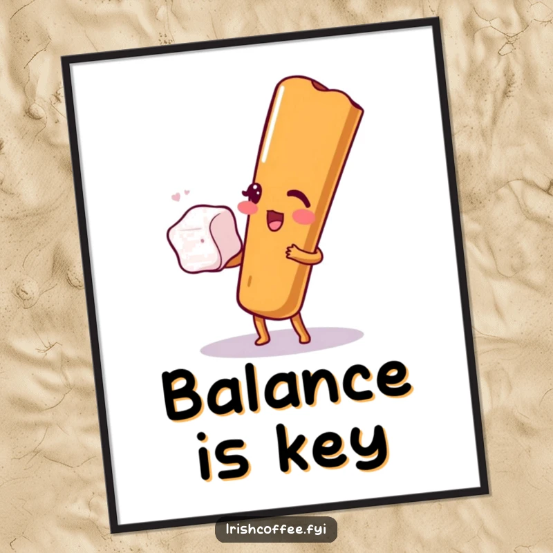 Funny digital art of a cinnamon stick winking and balancing a sugar cube, ready for printing or digital display.