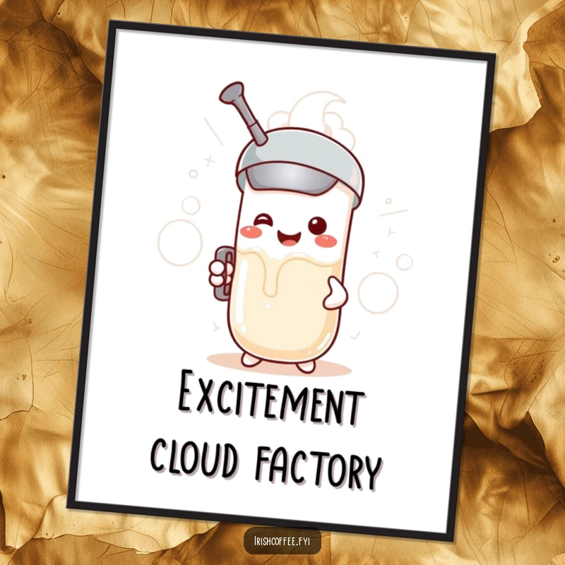 Funny digital art print of a smiling milk frother character creating frothy clouds with excitement, adding playful humor.