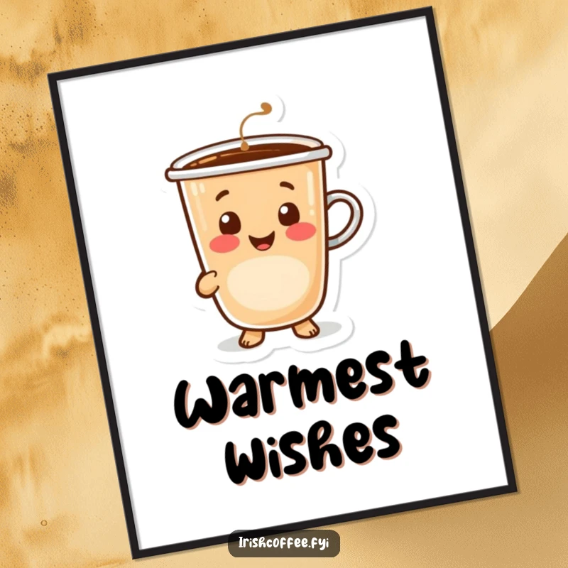 Funny happy coffee cup character with a radiating, inviting smile, high-resolution digital art print.
