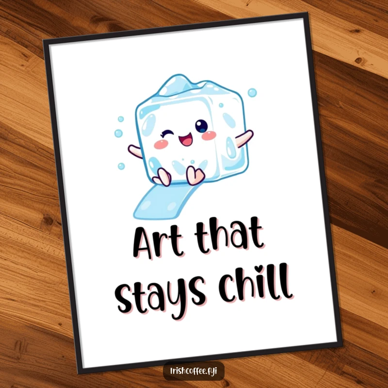 Funny digital art print of a delighted ice cube character mid-slide, radiating cool refreshment and playful humor.