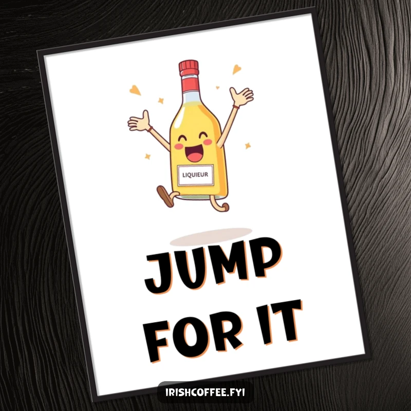 Funny digital art print of a delighted liqueur bottle leaping joyfully in celebration, ready for printing.