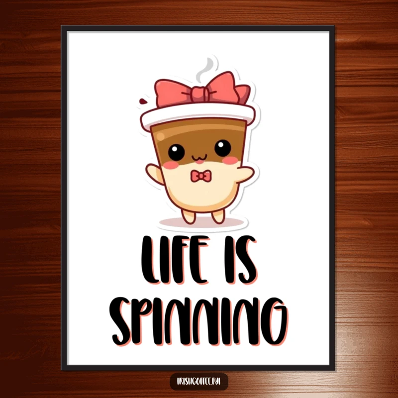 Funny spinning coffee digital art print of a playful character and bow, offering a humorous and energizing decorative piece.