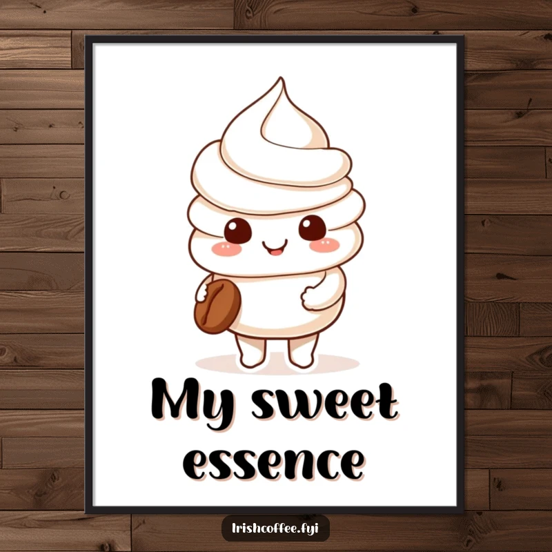 Funny smiling whipped cream character holding a tiny coffee bean, displayed as a digital art print, adding sweet charm to decor.