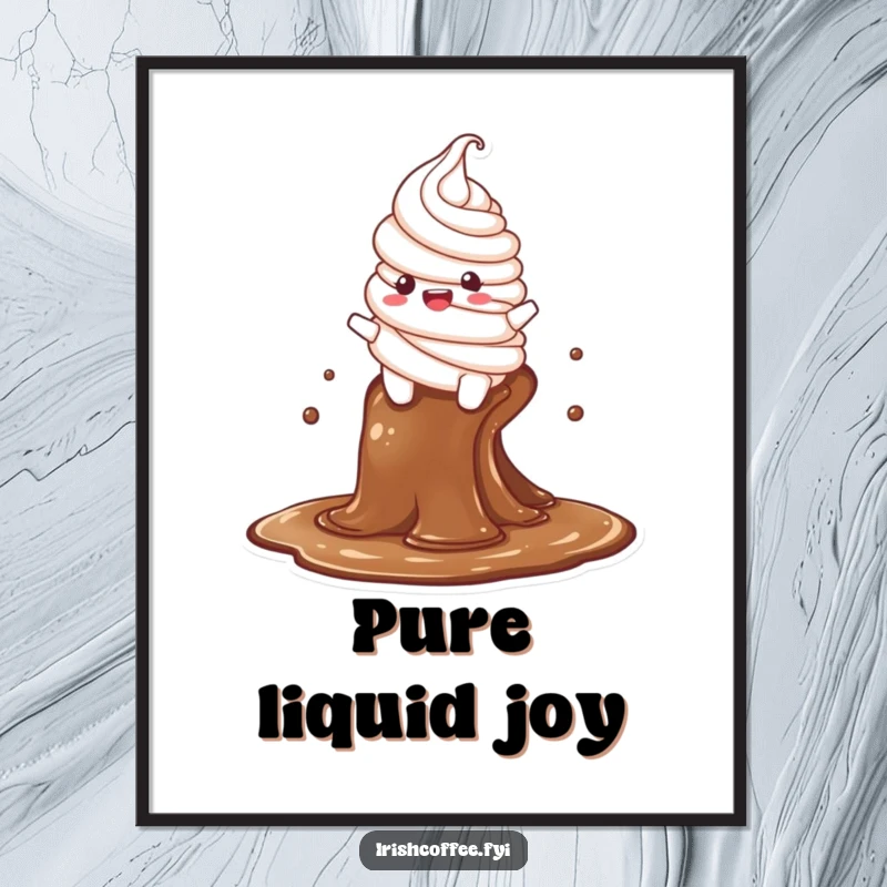 Funny digital art print of a delighted whipped cream character sliding down a coffee stream, an energetic and humorous digital decoration.