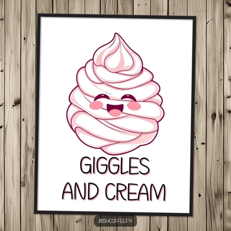 Funny cheerful whipped cream swirl laughing with pure delight, presented as a humorous digital art print.