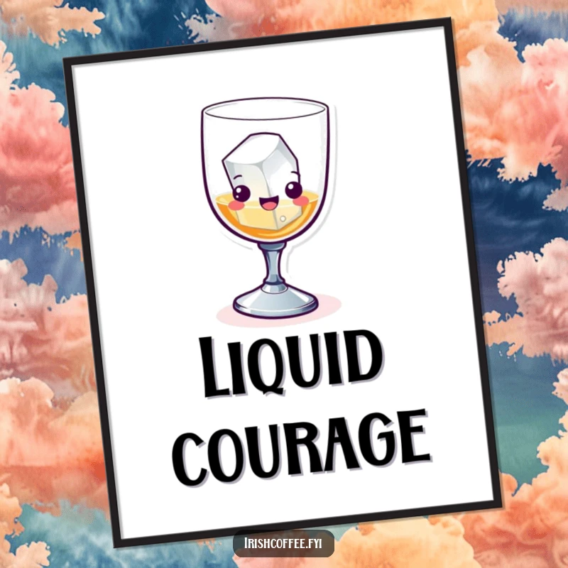 Funny whiskey glass with an ice cube skiing joyfully, available as a digital art print for instant humorous home decor.