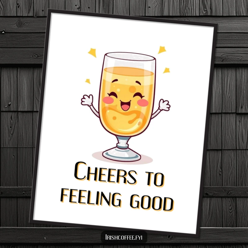 Funny digital art print of a winking whiskey glass doing a bubbly toast, perfect for instant humorous wall decor.
