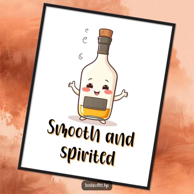 Funny digital art print of a smiling whisky bottle with steam, humorously doing a wobbly dance, ready to adorn walls with spirit.