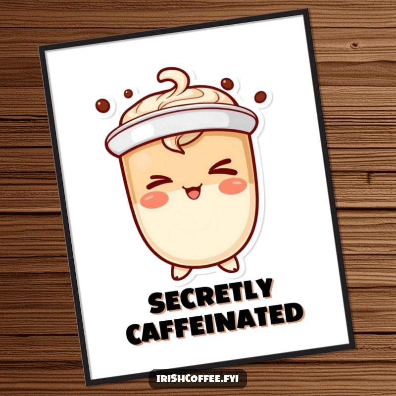 Funny coffee character digital art print winking mischievously, offering instant humor and a playful vibe.