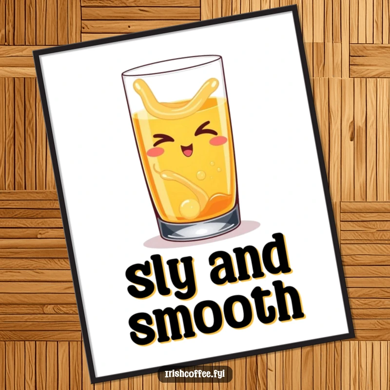 Funny digital art print of a happy whiskey glass with swirling liquid, slyly winking, ready for printing.