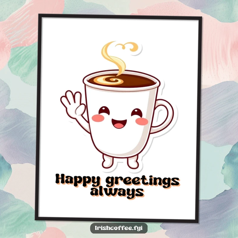 Funny smiling coffee cup character waving a happy greeting, high-resolution digital art print.