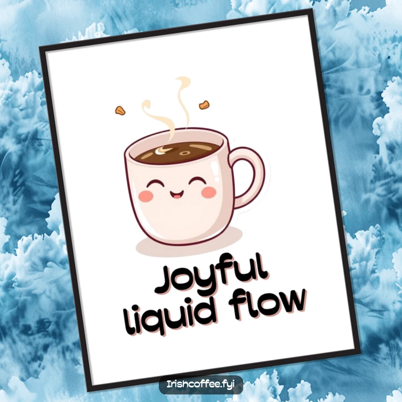 Funny digital art print of a happy coffee mug with a handle, giggling with delight as it gets filled, adding humor to any space.