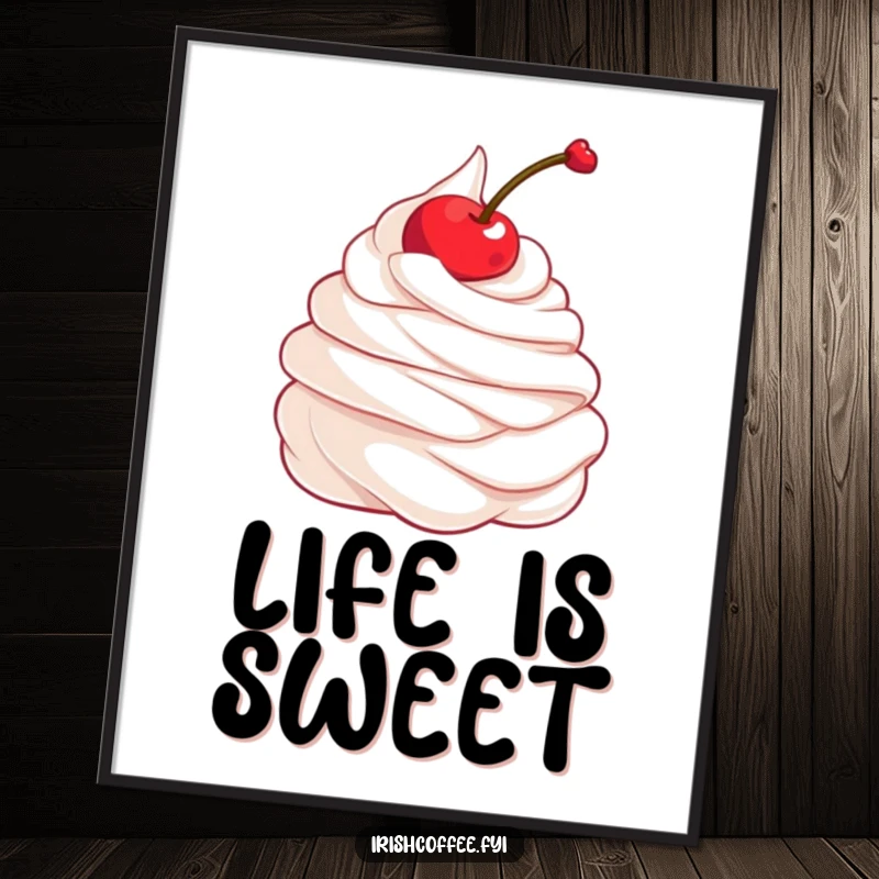 Funny digital art of a whipped cream dollop and a cherry in a joyful twirl, ready for printing or digital display.