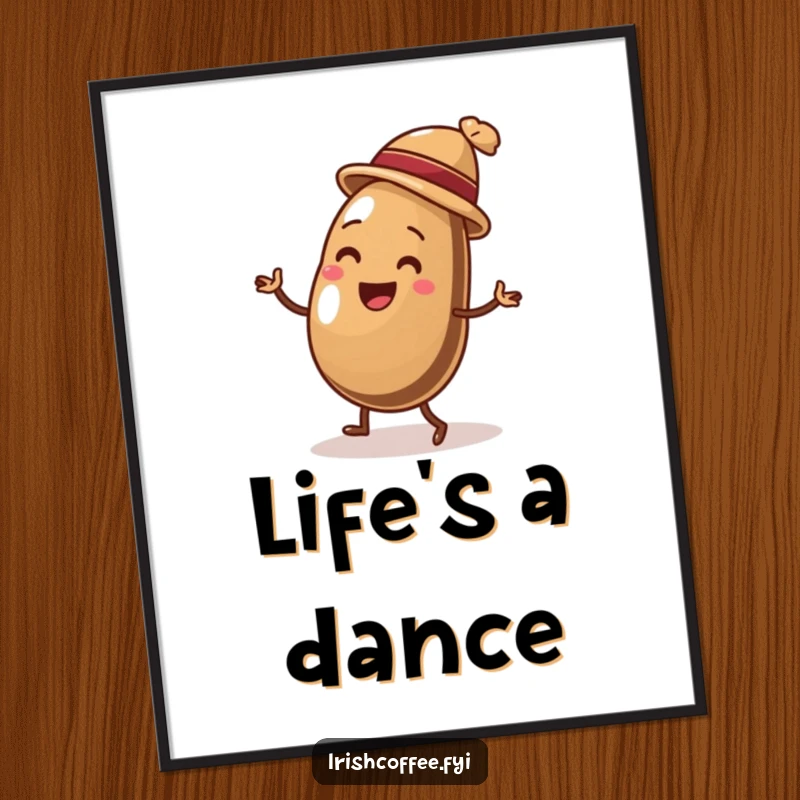 Funny digital art print of a delighted coffee bean wearing a tiny hat, captured in a lively and humorous jig, ready to adorn walls.