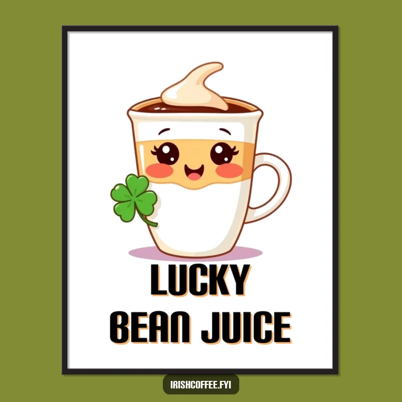 Funny Coffee Cup Digital Art - Lucky Shamrock Character, Instant Irish Gift