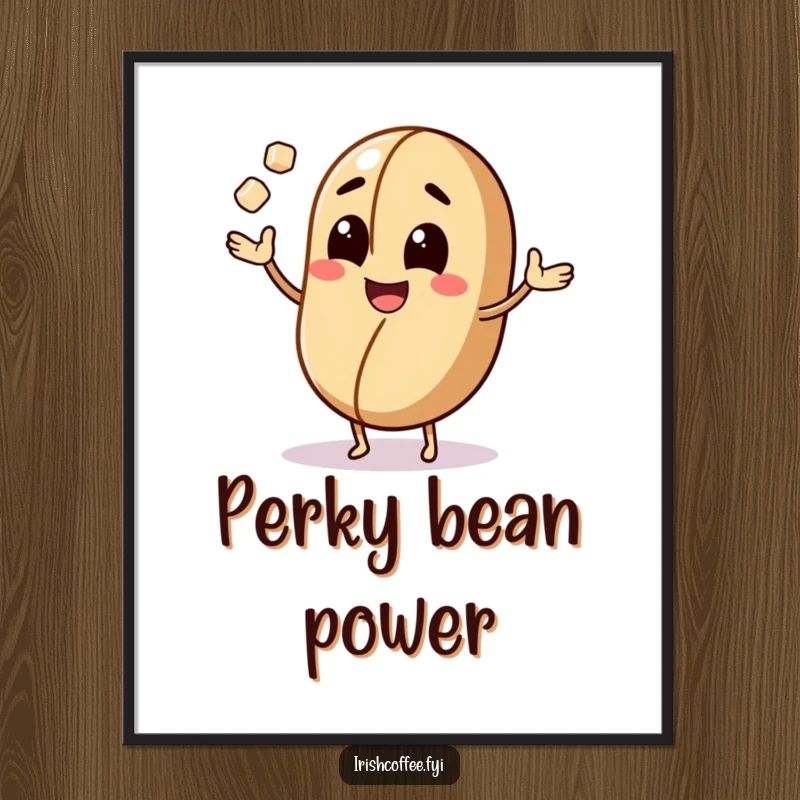 Funny digital art print of a smiling coffee bean juggling sugar cubes, offering instant energetic humor and decor.
