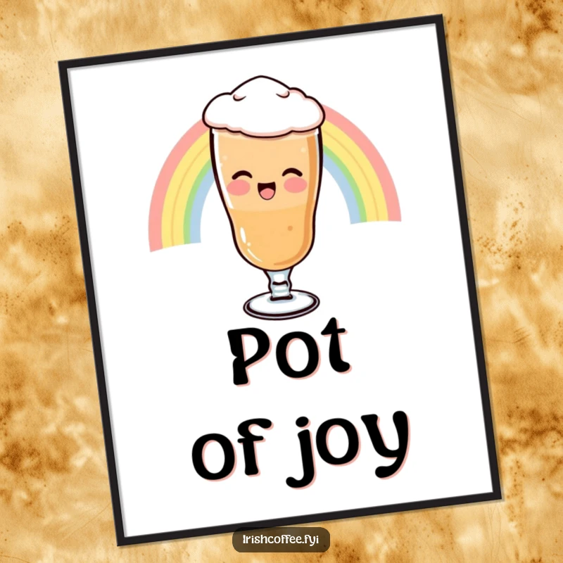 Funny Digital Art Print of a giggling Irish coffee glass gleefully sliding down a vibrant rainbow, embodying pure magic and joy.