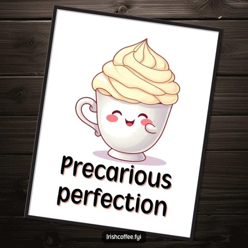 Funny cup character digital art print comically balancing a cream swirl, for humorous and relatable digital displays, superb funny gift.